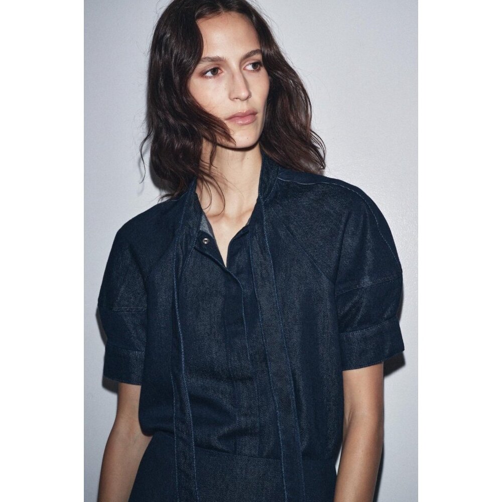 Zara Dark Denim Short Sleeve Tie-Neck Blouse